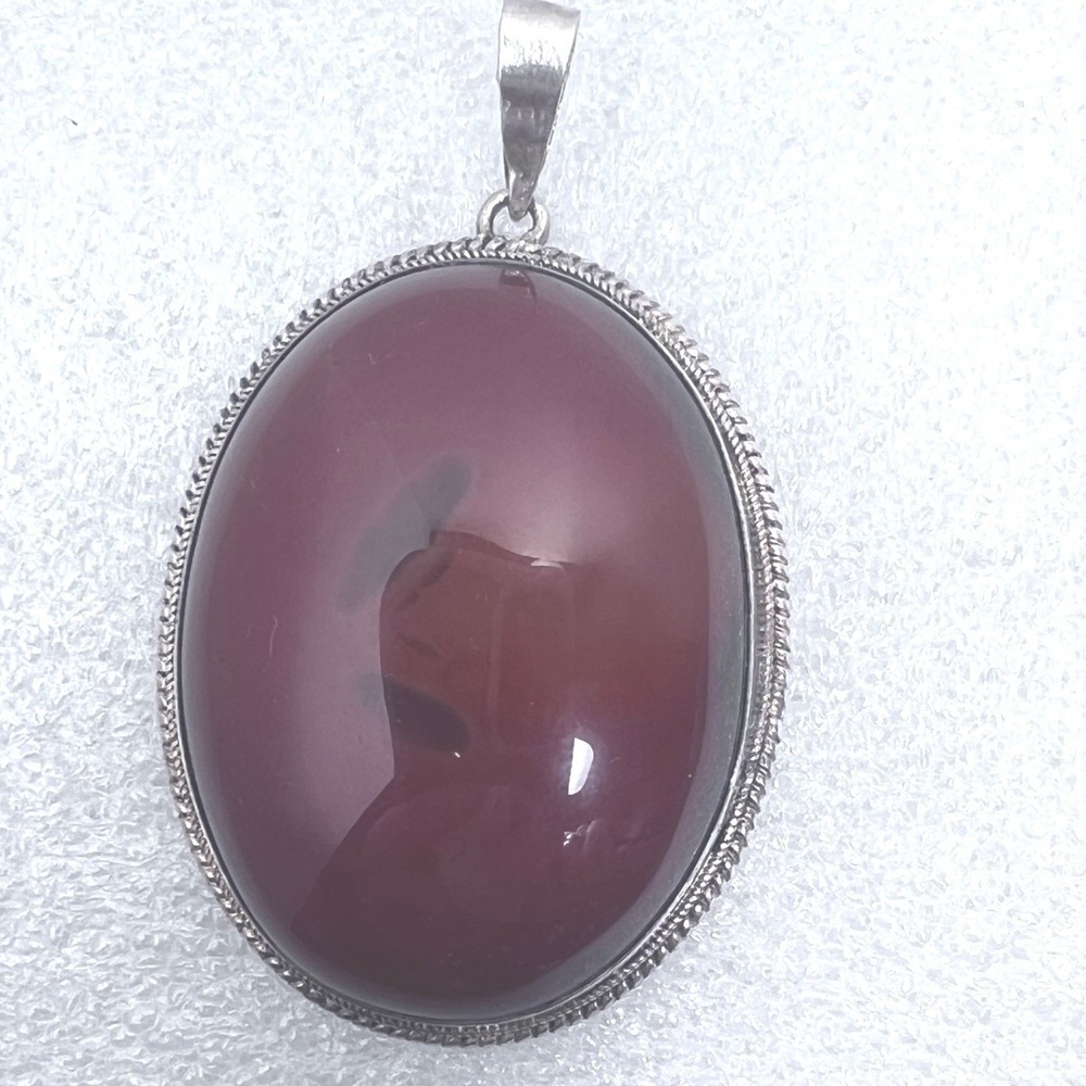 Vintage Sterling Silver Red Cabochon Pendant‎ Semi Precious Stone Artisan 2.25"